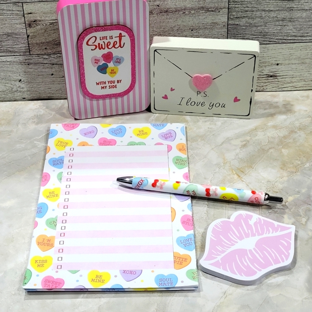 Handcrafted DTF Wrapped  Heart  Pen with 1 Heart notepad 1 Lip Sticky Notepad